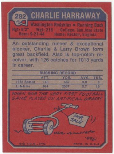 1973 Topps Football #282 Charlie Harraway Rookie Card