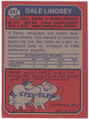 1973 Topps Football #287 Dale Lindsey Rookie Card