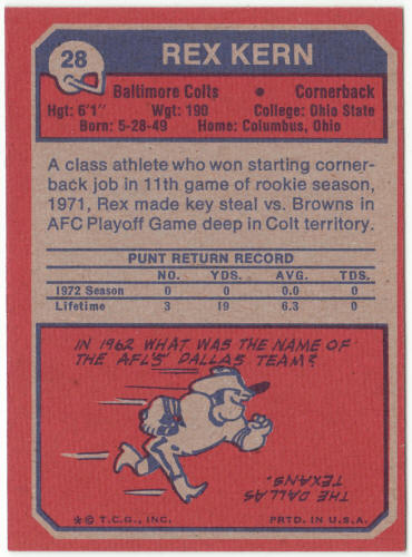 1973 Topps Football #28 Rex Kern Rookie Card