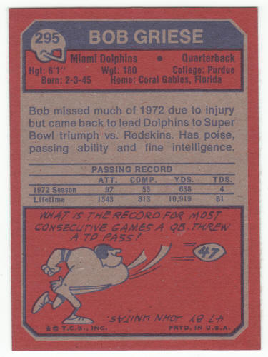 1973 Topps Bob Griese #295 NM- back