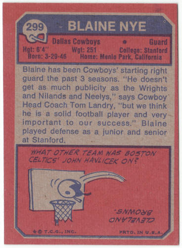 1973 Topps Football #299 Blaine Nye Rookie Card