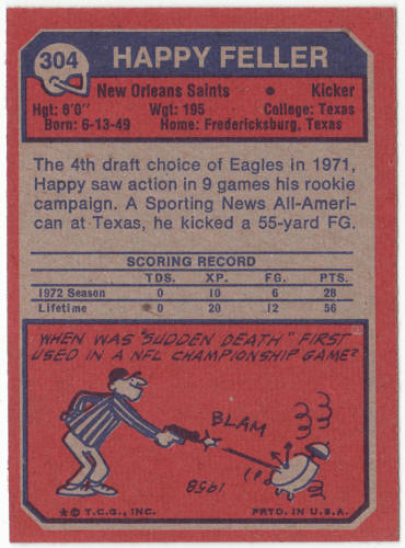 1973 Topps Football #304 Happy Feller Rookie Card