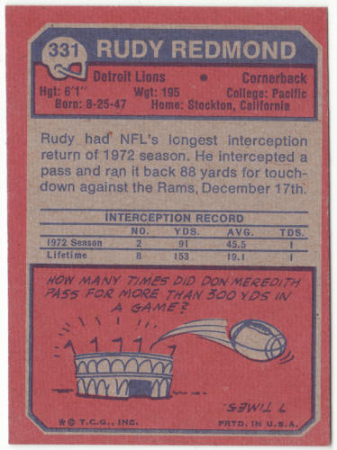 1973 Topps Football #331 Rudy Redmond Rookie Card