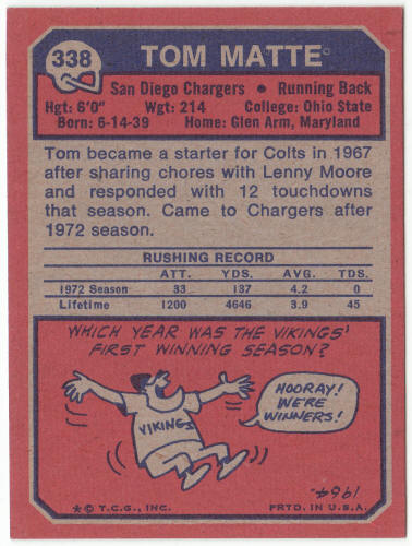 1973 Topps Football #338 Tom Matte