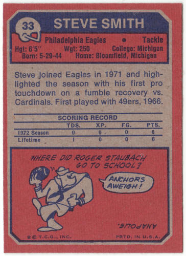 1973 Topps Football #33 Steve Smith Rookie Card