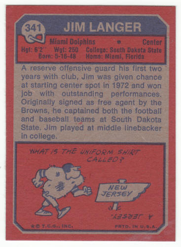 1973 Topps Jim Langer Rookie Card #341 NM back