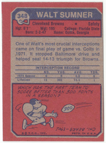 1973 Topps Football #348 Walt Sumner Rookie Card