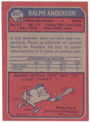 1973 Topps Football #357 Ralph Anderson Rookie Card