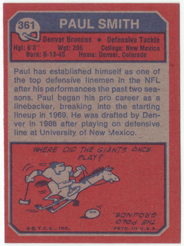 1973 Topps Football #361 Paul Smith Rookie Card