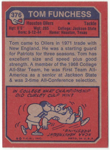 1973 Topps Football #376 Tom Funchess Rookie Card