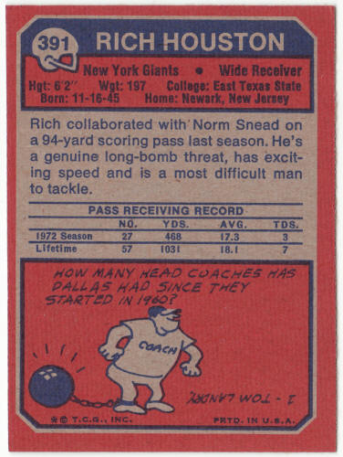 1973 Topps Football #391 Rich Houston Rookie Card