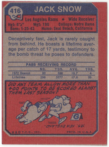 1973 Topps Football #416 Jack Snow