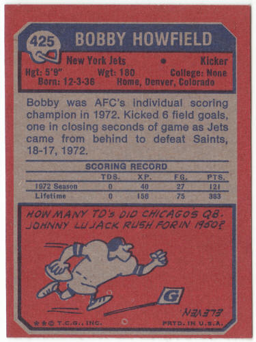1973 Topps Football #425 Bobby Howfield Rookie Card