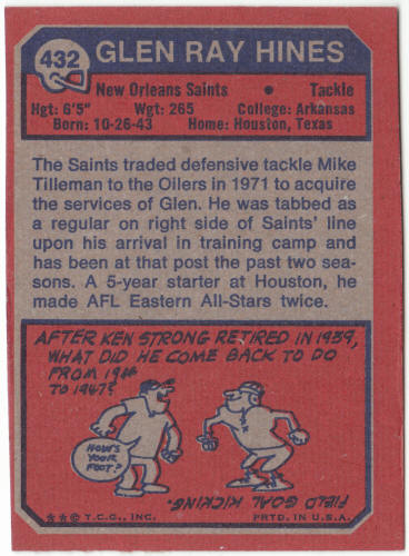 1973 Topps Football #432 Glen Ray Hines