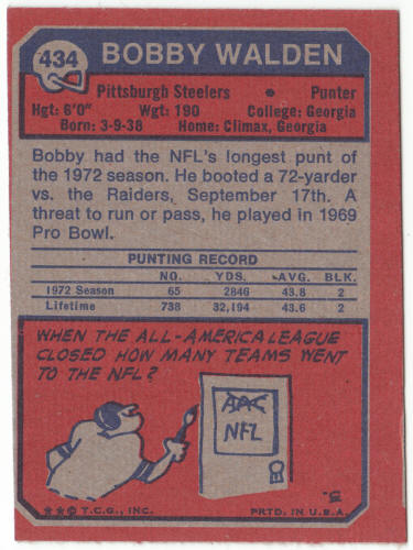 1973 Topps Football #434 Bobby Walden