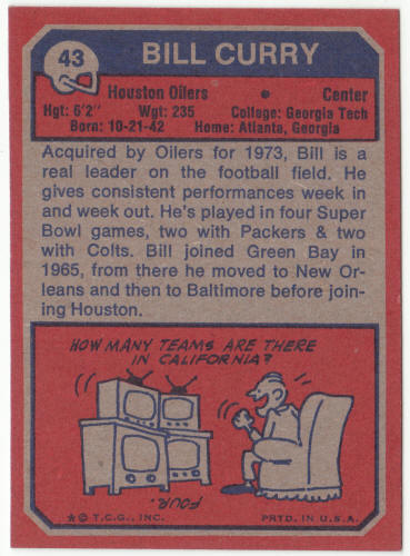 1973 Topps Football #43 Bill Curry Rookie Card