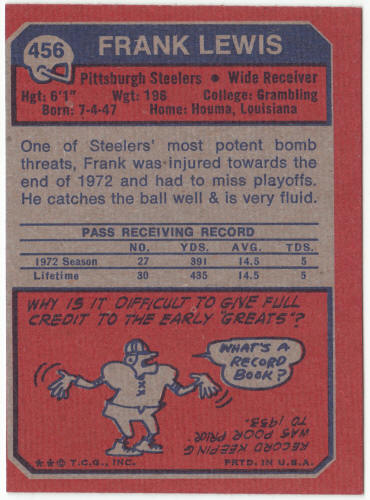 1973 Topps Football #456 Frank Lewis Rookie Card