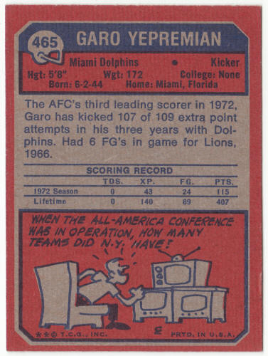 1973 Topps Football #465 Garo Yepremian