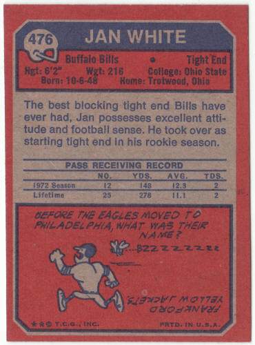 1973 Topps Football #476 Jan White Rookie Card