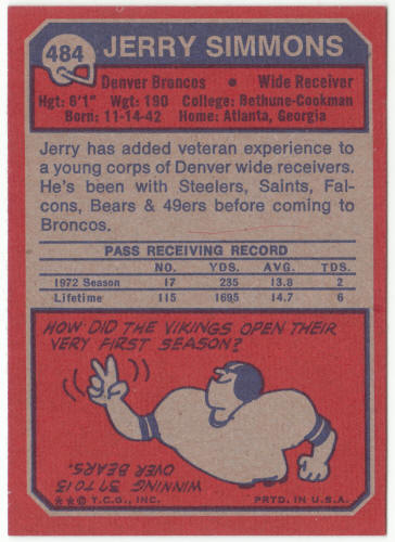 1973 Topps Football #484 Jerry Simmons