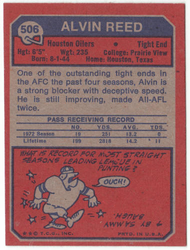 1973 Topps Football #506 Alvin Reed