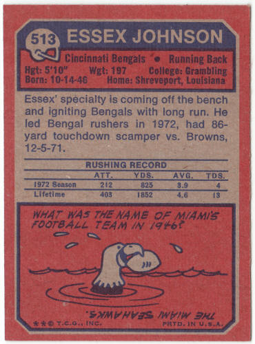1973 Topps Football #513 Essex Johnson Rookie Card