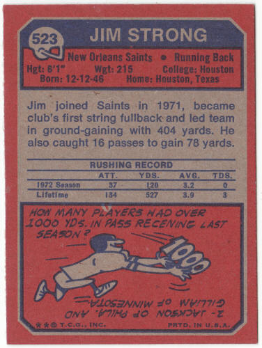 1973 Topps Football #523 Jim Strong Rookie Card