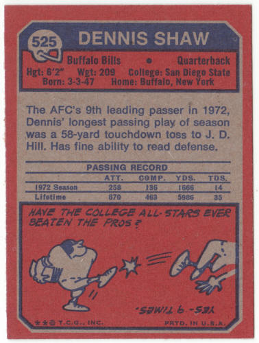 1973 Topps Football #525 Dennis Shaw