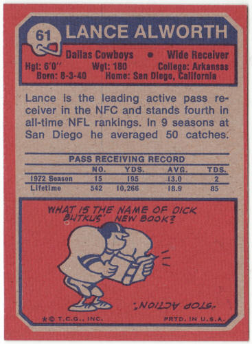 1973 Topps Football #61 Lance Alworth