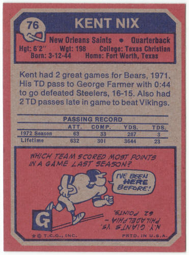 1973 Topps Football #76 Kent Nix Rookie Card