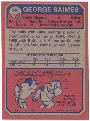 1973 Topps Football #78 George Saimes