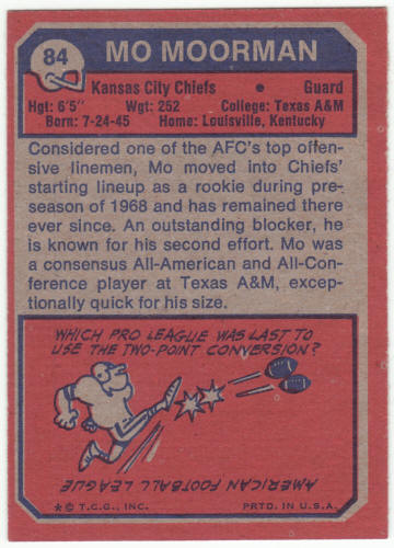 1973 Topps Football #84 Mo Moorman Rookie Card