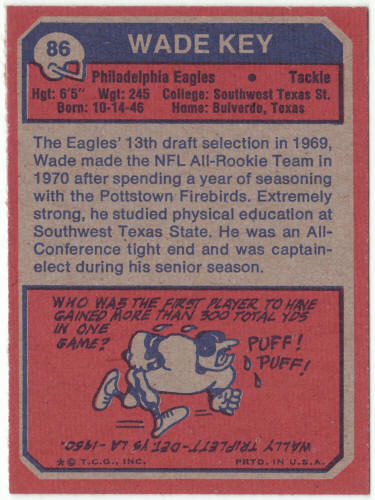 1973 Topps Football #86 Wade Key Rookie Card