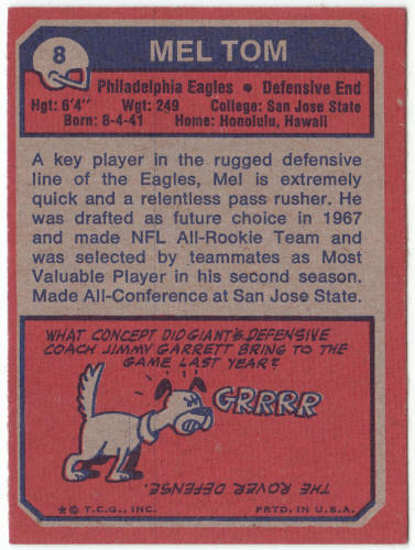 1973 Topps Football #8 Mel Tom Rookie Card