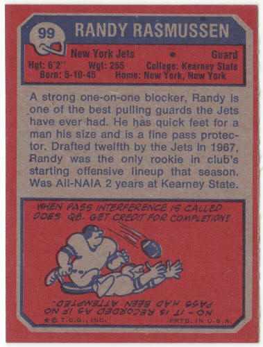 1973 Topps Football #99 Randy Rasmussen Rookie Card
