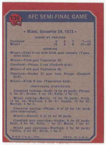1973 Topps #136 AFC Semi Final Game back