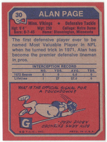 1973 Topps #30 Alan Page back