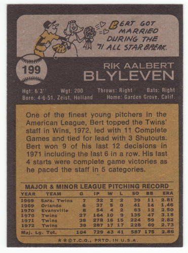 1973 Topps Baseball #199 Bert Blyleven back