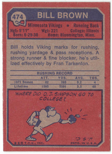 1973 Topps Football #474 Bill Brown