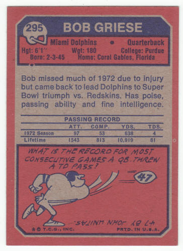 1973 Topps Bob Griese #295 Ex/M- back