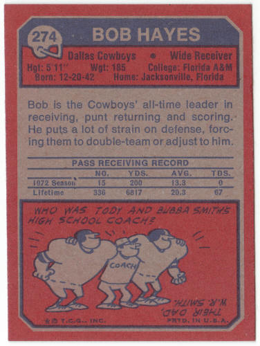 1973 Topps #274 Bob Hayes back