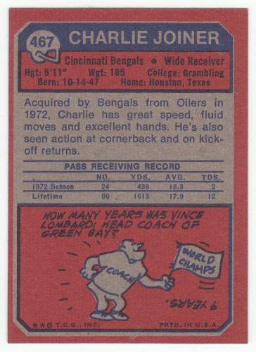 1973 Topps Charlie Joiner #467 NM+ back