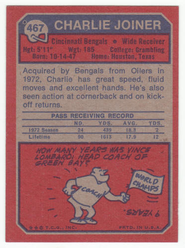 1973 Topps Charlie Joiner #467 Ex/M+ back