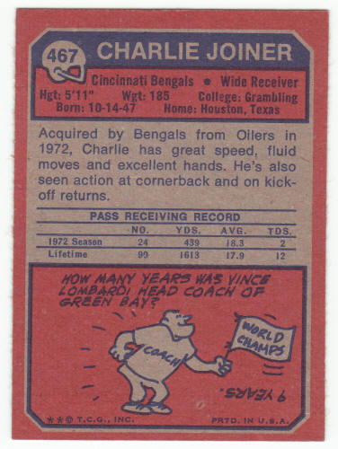1973 Topps Charlie Joiner #467 NM- back