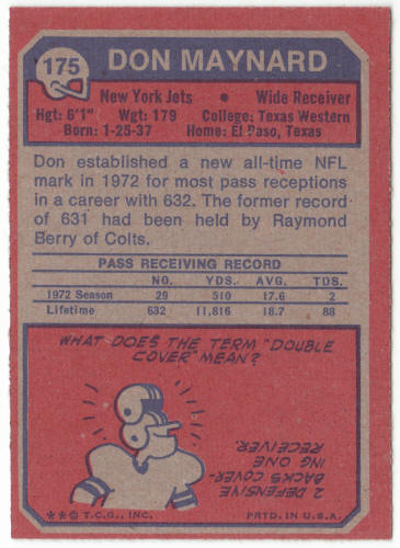 1973 Topps #175 Don Maynard back