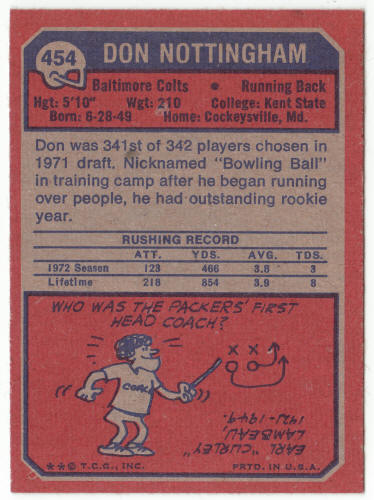 1973 Topps Footbal #454 Don Nottingham Rookie Card