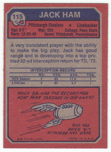 1973 Topps Jack Ham #115 Rookie Card back