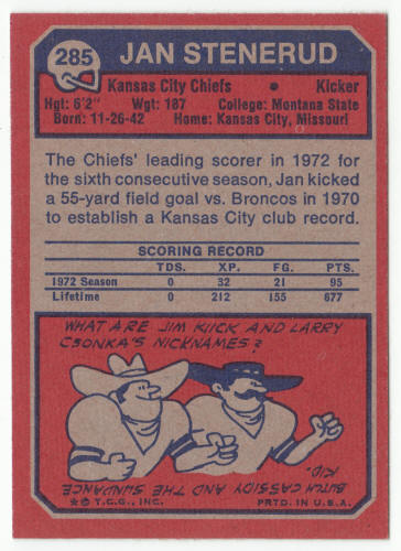 1973 Topps Football #285 Jan Stenerud