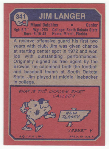 1973 Topps Jim Langer Rookie Card #341 NM- back