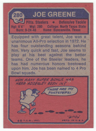 1973 Topps Joe Greene #280 Card back